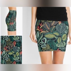 Tropical Rainforest Floral Leaf Print Mini Skirt - High Waist, Pencil Fit, NWOT